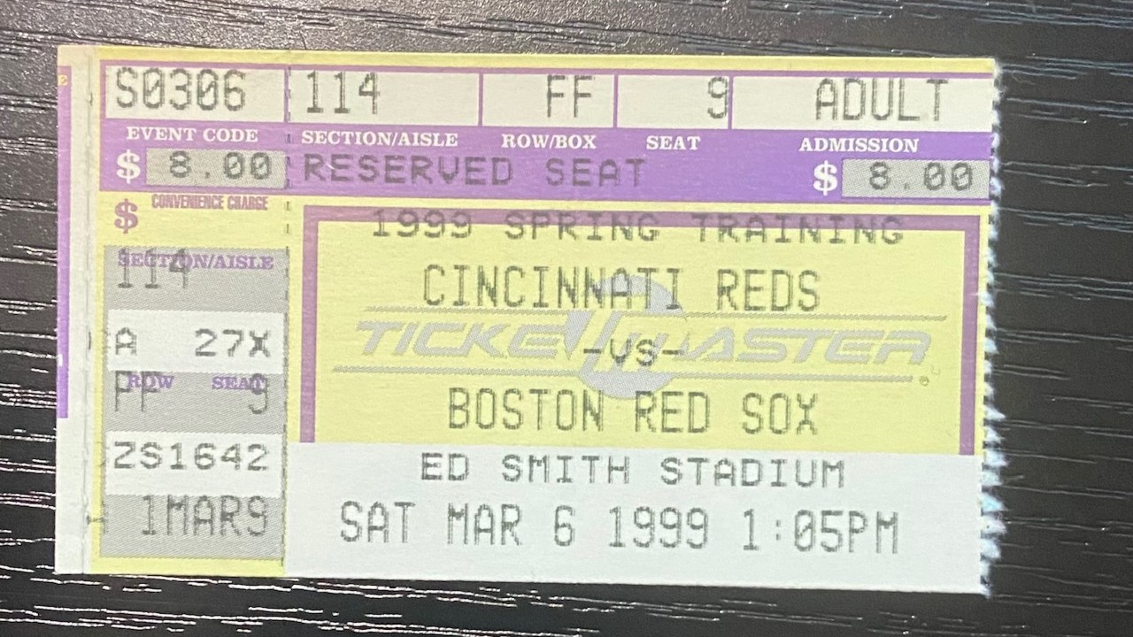 1999 Spring Training Ticket Stub Cincinnati Reds vs Boston Red Sox Ed Smith