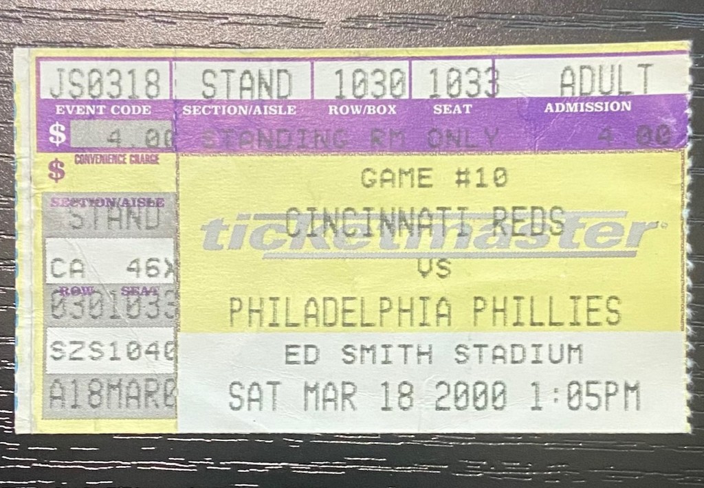 2000 Cincinnati Reds vs Phillies Spring Training Ticket Stub Ed Smith Stadium